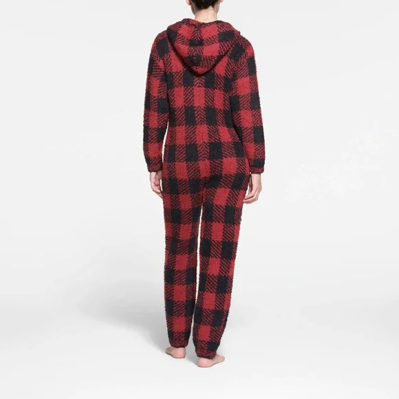 ♥️SKIMS COZY KNIT UNISEX ONESIE IN BRICK BUFFALO CHECK L/XL